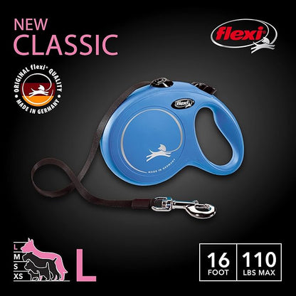 FLEXI New Classic Tape Retractable Dog Leash for Large Dogs Upto 110 lbs. – 16 ft., Blue | Tangle Free Pet Walking Leash with One-Handed Brake, Pause, Lock|German Quality Product