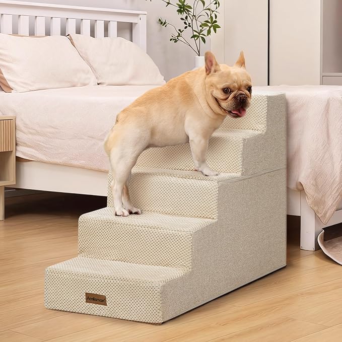 Pet Stairs for High Bed, 5-Step Dog Stairs for Small Dogs, Indoor Non-Slip Dog Steps for Old Cats, Puppy, Small Medium Dogs,22.6" H,Beige