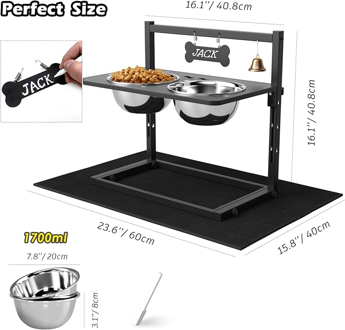 SHAINFUN Elevated Dog Bowls with Mat, Adjustable Height 4.3''-11.8'', Metal Stand, Two 1.7L Stainless Steel Food & Water Bowls for Large, Medium Dogs