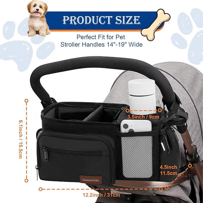 Dog Stroller Organizer Bag, Dog Mom Gifts for Women Pet Stroller Caddy, Stroller Accessories with Cup Holder, Poop Bag Dispenser, Pockets for Dog Essentials, Fits 14–19" Handles, Dog Mom Gift Ideas