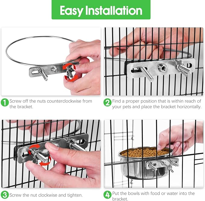 2 Pcs Large Dog Food Water Bowl for Cage with Upgraded Clamp Holder, Pet Kennel Hanging Bowls Stainless Steel Non-Spill Detectable Bowls Crate Feeder Dish for Large Dogs (7x3.7''& 6.3x2.5'')