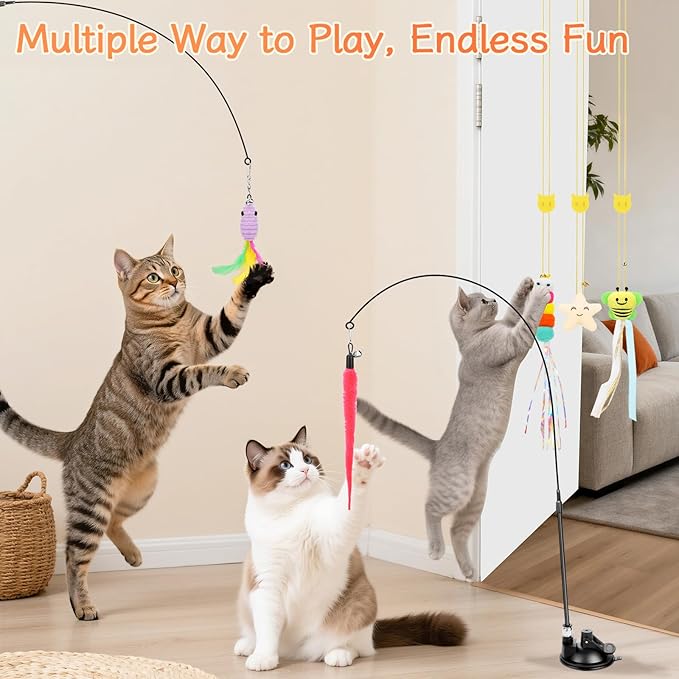 Interactive Cat Toys, 15PCS Cat Wand and Feather Toys for Indoor Cats, Reusable Suction Cup Toys for Kittens Play Exercise