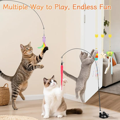 Interactive Cat Toys, 15PCS Cat Wand and Feather Toys for Indoor Cats, Reusable Suction Cup Toys for Kittens Play Exercise