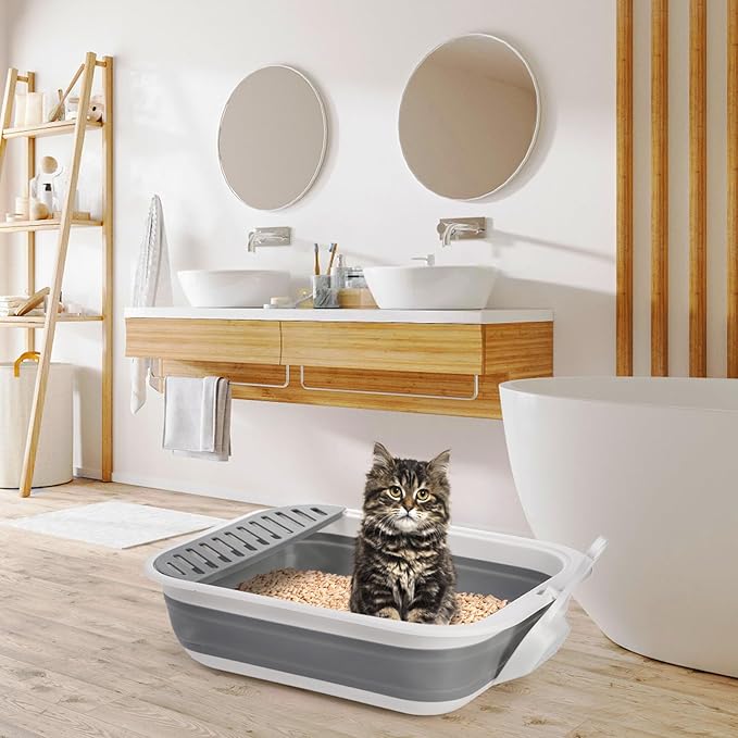 Collapsible Small Cat Litter Box, 17.7'' Open Foldable Kittens Potty with Scoop, Shallow Anti Splash Travel Cat Toilet, Semi Enclosed Height Adjustable Sides Litter Pan for Sick Frail Cat Grey