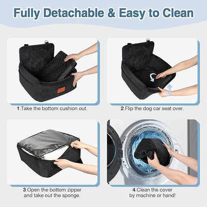 WOOAIDAGG Dog Car Seat for Small Dogs Under 30lbs, Washable Pet Travel Car Bed with Memory Foam,Fully Detachable Cover,2 Storage Pockets & Safety Leash,Non-Slip Bottom(Black)