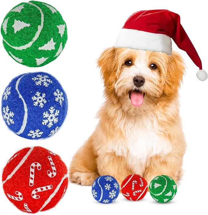 Christmas Dog Balls Toys, 3 Pack 2.5'' Squeaky Tennis Balls for Dogs | Idea Gift for Puppy Birthday & Christmas Decoration & Stocking Stuffers, Small Medium Large Breeds