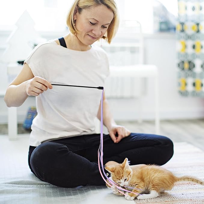 Cat Ribbon Wand Toys, 3pcs Interactive Cat Rainbow Wand String Toys for Indoor Cats Colorful Ribbon Charmer for Kittens Teaser Training Exerciser Playing Catcher Accessories