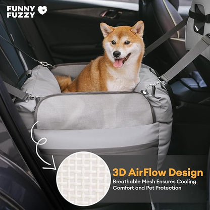 FUNNY FUZZY Waterproof Dog Car Seat for Small & Medium Dogs Up to 35lbs, Detachable & Washable Pet Booster Seat with Leash, Thick Cushion, Storage Pockets & Adjustable Straps (Grey)