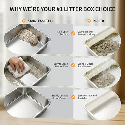 Stainless Steel Cat Litter Box with Lid, Extra Large High Sided Enclosed Metal Litter Pan, Flip Top with Portable Handle, Include Scoop & Step,Easy to Clean, Leak Proof, Dog Proof, Odor Control, Grey
