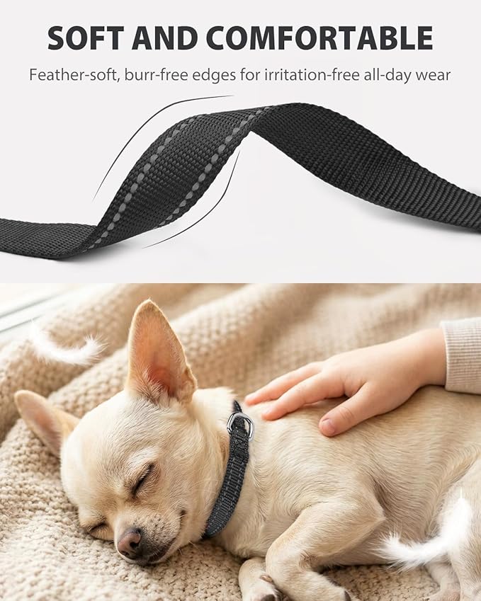 Joytale Puppy Collar, Feather-Light Double-Sided Reflective Nylon Collar for Night Safety, Adjustable Quick-Release for Extra Small Dogs, Black, XS (3/8" Width)