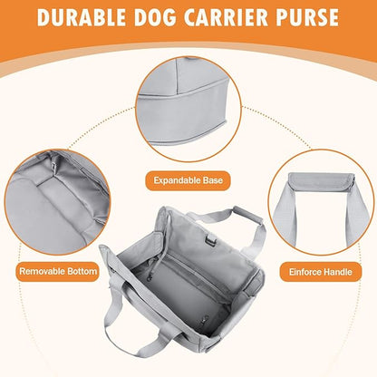 Dog Purse Carrier for Small Dogs Under 10 lbs with Pockets Adjustable Soft Sided Pad Extendable Dog Carriers Tote for Puppies with Safety Leash Clip for Travel Shopping (Dark Gray)