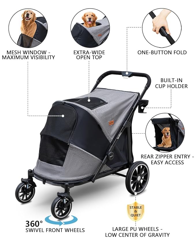 Dog Stroller for Large Dogs & Cats up to 130 lbs,Foldable Large Pet Stroller for 2 Dogs with 360° Wear-Resistant Rubber Wheels Mesh Windows,Extra Large Heavy Duty,All Terrain Wagon Cart with Air Mesh