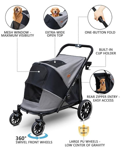 Dog Stroller for Large Dogs & Cats up to 130 lbs,Foldable Large Pet Stroller for 2 Dogs with 360° Wear-Resistant Rubber Wheels Mesh Windows,Extra Large Heavy Duty,All Terrain Wagon Cart with Air Mesh
