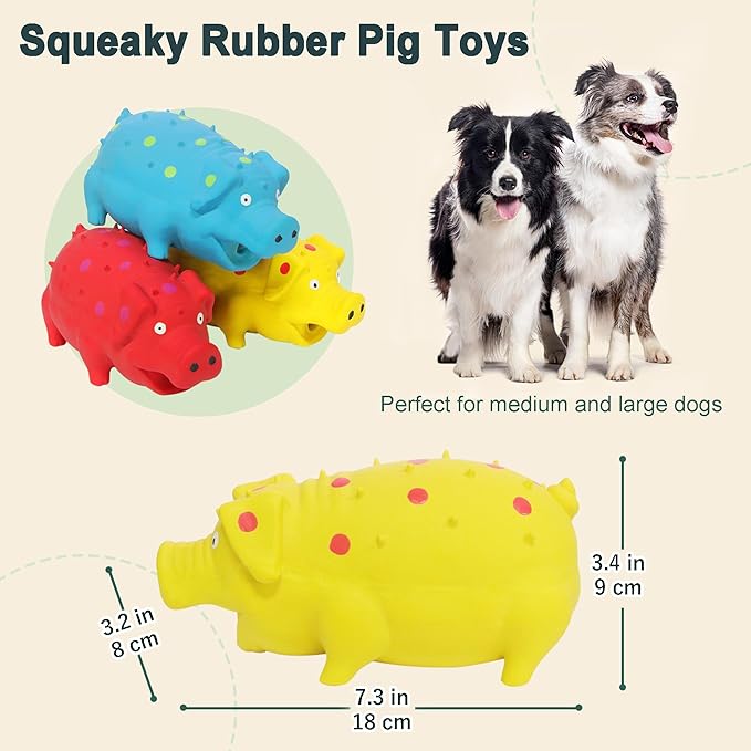 3-Pack Squeaky Pig Dog Toys, Rubber Pig Dog Toys for Small, Medium & Large Dogs, Durable Interactive Latex Squeaky Chew Toys