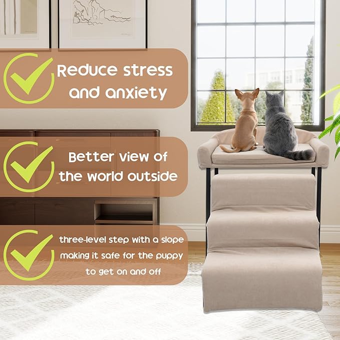 Dog Window Perch with Stairs for Dogs to get on Bed 3-Step Pet Ramp for High Beds Non-Slip Washable Cover The Sturdy Iron Frame with Ideal for Small Dogs Cats Senior Pets with Joint Issues