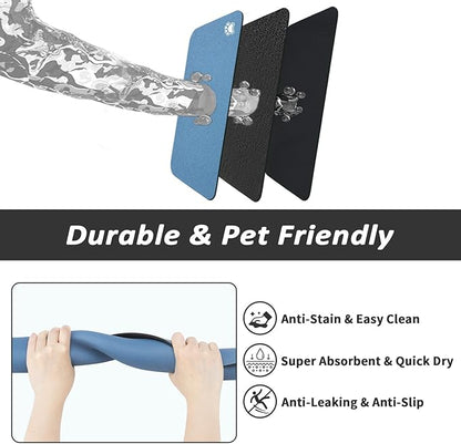 Dog Food Mat - Absorbent Cat Mat for Food and Water, No Stains Pet Feeding Bowl Mat, Easy to Clean Pet Placemats, Quick Dry Dog Water Dispenser Mat for Messy Drinkers | Paw Blue 18"x34"