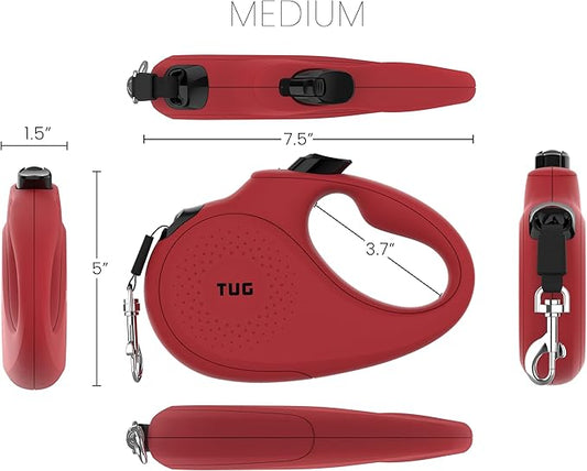 TUG Monochrome 360° Tangle-Free Retractable Dog Leash | 16 ft Strong Nylon Tape (Medium, Red)