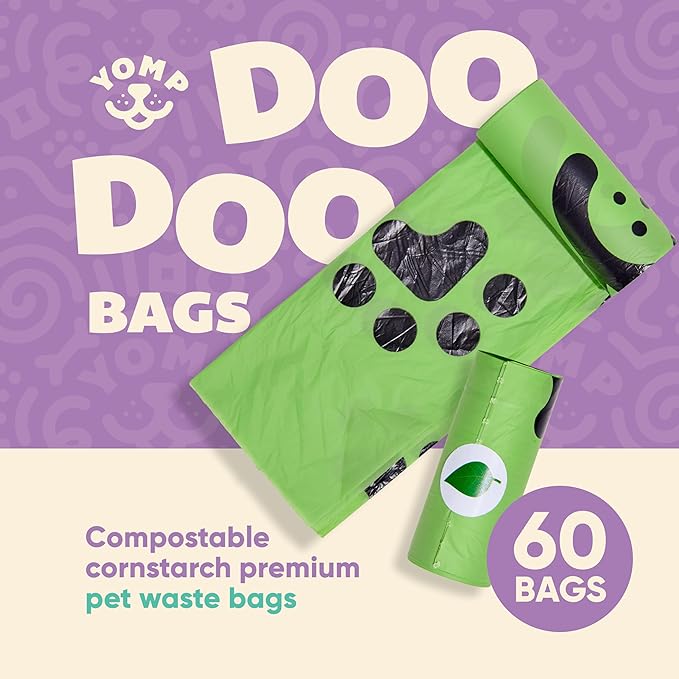 Yomp Compostable Dog Poop Bags (60 Bags, 1-Month Supply) – Leak-Proof, Biodegradable Dog Waste Bags Made from Corn Starch (13" x 9") - Standard Size