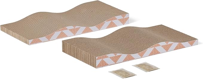 Amazon Basics Cat Scratching Post, Cat Scratch Pad for Indoor Cats with Catnip, Single Layer with Curve, 16.5 x 8.1 x 1.6 in, 2-Pack