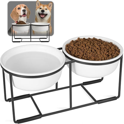 Ceramic Elevated Dog Bowl Set - Raised Food and Water Bowls with Metal Stand - Double Pet Dishes for Small and Medium Dogs - 2 Cups - 27 fl oz - Matte Whit