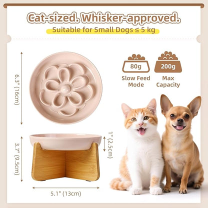 Elevated Slow Feeder Cat Bowl - Melamine Cat Dish with Anti-Slip Bamboo Stand - Whisker Friendly Feeding Bowl - Floral Maze Food Plate for Slow Eating - Pink