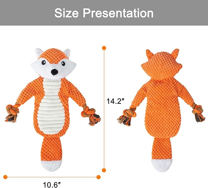 No Stuffing Squeaky Dog Toys Plush Chew Toy for Small Medium Puppy Large Breed, Stuffless Cute Animal Plush Toy for Indoor Play, Tough Durable Teething Interactive Gift, Fox,Red