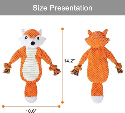 No Stuffing Squeaky Dog Toys Plush Chew Toy for Small Medium Puppy Large Breed, Stuffless Cute Animal Plush Toy for Indoor Play, Tough Durable Teething Interactive Gift, Fox,Red