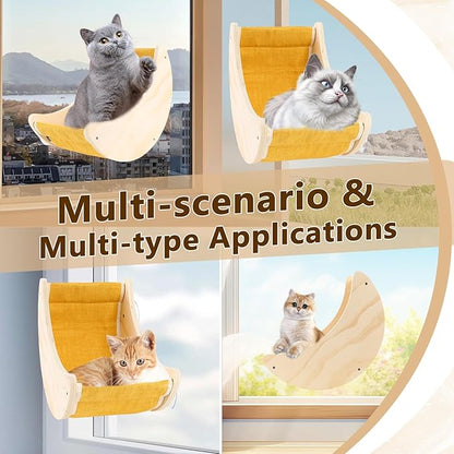 Cat Window Bed, Window Seat for Cats Inside, Wooden Half Moon Shaped Cat Window Perch with Strong Suction Cups for Sleep and Watch Birds