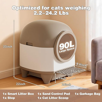 Greesum UltraSmart AutoClean Litter Box - 90L Large Capacity for Multi-Cat Households with Safeguard Tech, APP Control, Odor-Free Design & Mat/1 Roll Litter Bag
