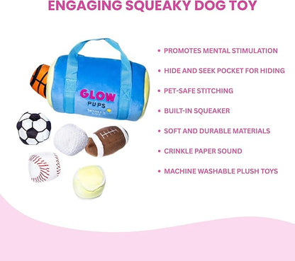 Glow Pups Dog Toy Sports Bag Hide and Seek Interactive Dog Toy with 6 Plush Squeaky Balls, Crinkle 10 Inches Long, Soft Plush, Blue and Yellow Sports Bag with Basketball, Soccer and Football