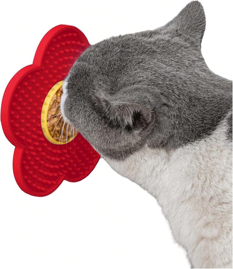 QWINEE Lick Mat for Dogs Cats Flower Shaped Pet Slow Feeder Dog Cat Puppy Bowl Lick Pad for Dog Fun Alternative to Slow Down Eat for Small Medium Large Dogs Red One-Size