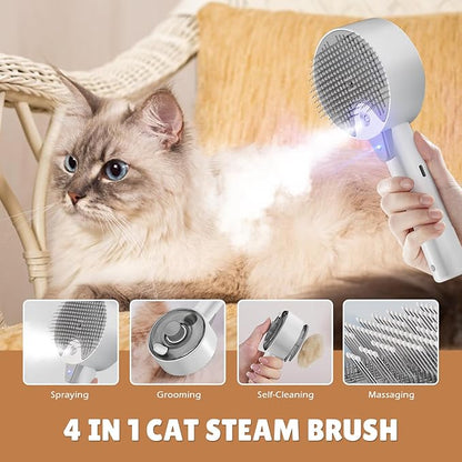 Cat Steam Brush,Cat Brushes for Indoor Cats, 4 In 1Spritz Spray Defur Comb, Cloud Care Shedding Control, Pet Grooming Brush for Long Short Hair Cats Dogs, Massage Clean Design Pet Steam Brushes