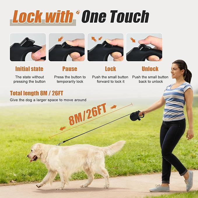 BIGNADO 26ft/8m Retractable Dog Leash with Poop Bag Holder for Medium Large Dogs Up to 110lbs/50kg, Heavy Duty Dog Walking Leash with Anti-Slip Grip, No-Tangle Leashes, One-Handed Lock - Black