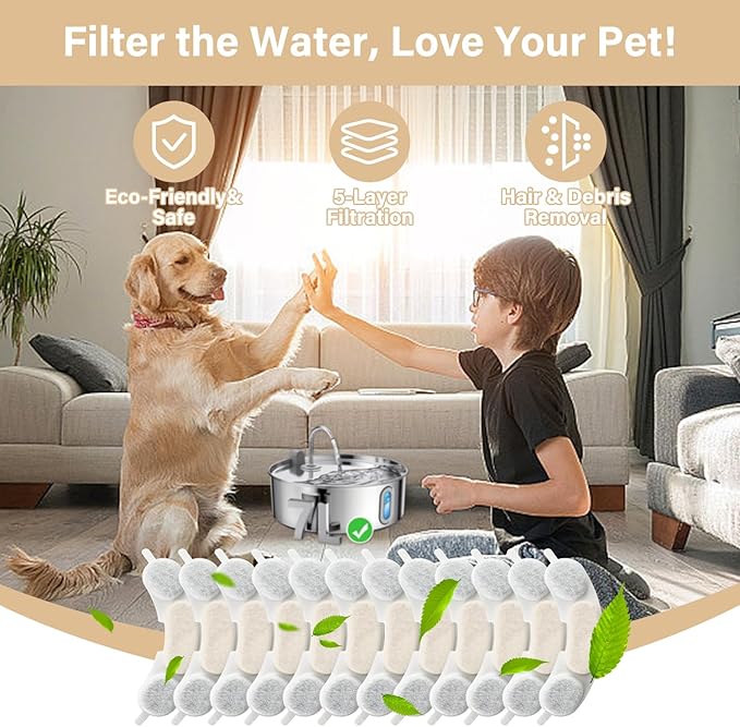 12 Pack Replacement Filters Compatible with smartoo 7L/236oz Stainless Steel Dog Water Fountain, 6 Month Set for Large Dogs Water Bowl Dispenser, Includes 12 Filters & 12 Sponges