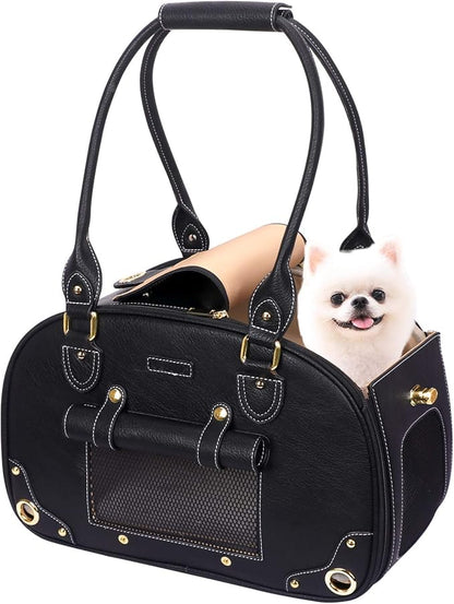 PetsHome Dog Carrier Purse, Pet Carrier, Waterproof Premium Leather Pet Travel Portable Bag Carrier for Cat and Small Dog Home & Outdoor Medium Black