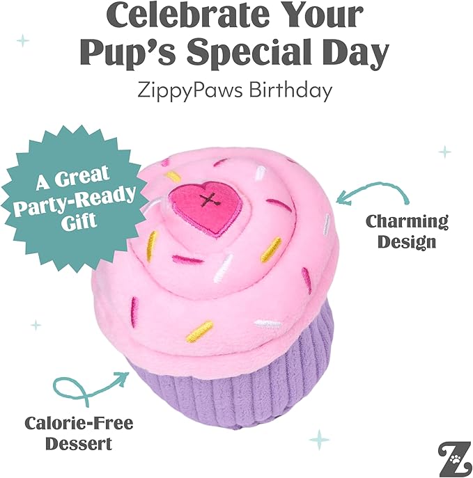 ZippyPaws Birthday Cupcake- Dog Squeaky Toys to Keep Them Busy, Funny Food Plush for Small, Medium, & Large Dogs, Cute Stuffed Puppy Toy, Pet Products, Gift for Dogs of All Breeds, Soft & Cuddly- Pink