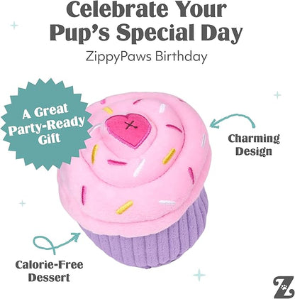 ZippyPaws Birthday Cupcake- Dog Squeaky Toys to Keep Them Busy, Funny Food Plush for Small, Medium, & Large Dogs, Cute Stuffed Puppy Toy, Pet Products, Gift for Dogs of All Breeds, Soft & Cuddly- Pink