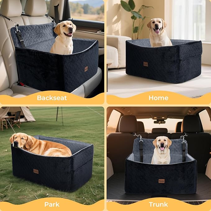 Dog Car Seat for Large Medium Dogs up to 60 lbs – Elevated Dog Booster Seat for Cars with Extra-Safe 14in High Front, Memory Foam Cushion, Washable Cover, Backseat Pet Car Bed (Black/Grey)