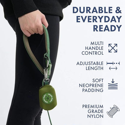 Spark Paws Handsfree Dog Leash – Shock Absorbing Waist Bungee Lead for Running, Car Seatbelt Clip & Poop Bag Set, Heavy Duty Tactical Lead for Medium, Large & X-Large Breeds - Army Green