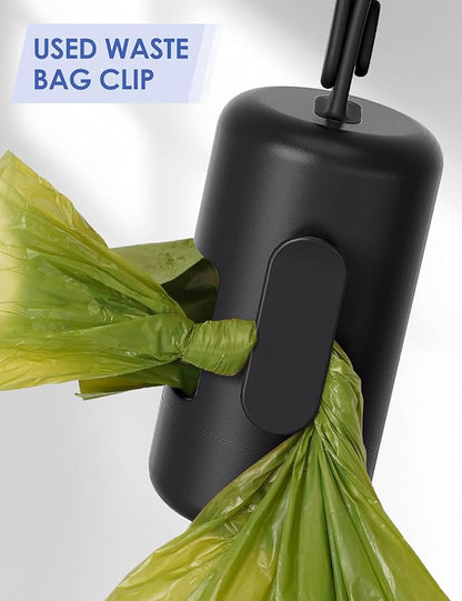 Gobeigo Dog Poop Bag Holder【Convenient Hook for Used Bags】【Silicone Strap Fits Any Leash】【Large Opening for Easy Dispensing】with 1 Roll Waste Bags (Black)