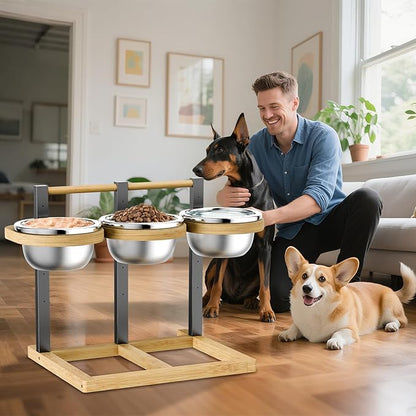 handrong Elevated Dog Bowl,5 Height Adjustable Raised Dog Bowl,Dogs Food Bowls Stand Feeding Station with 3 Food and Water Bowls for Medium,Large Dogs