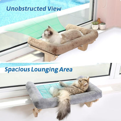Zakkart Cat Perch for Window Sill with Bolster - Orthopedic Hammock Design with Premium Hardwood & Robust Metal Frame - Cat Window Seat for Large Cats - Natural Color Wood Gray Bed, 26.4''W