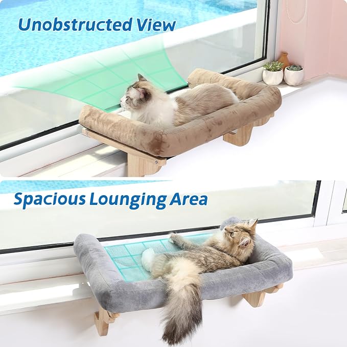 Zakkart Cat Perch for Window Sill with Bolster - Orthopedic Hammock Design with Premium Hardwood & Robust Metal Frame - Cat Window Seat for Large Cats and Kittens - Dark Stained Wood Gray Bed, 24''W