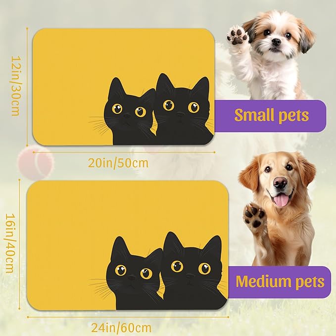 Cute Black Cat Peeking Pet Bowl Mat, Absorbent Placemat for Food and Water, Waterproof Non-Slip Rubber Base – 12x20 Inch