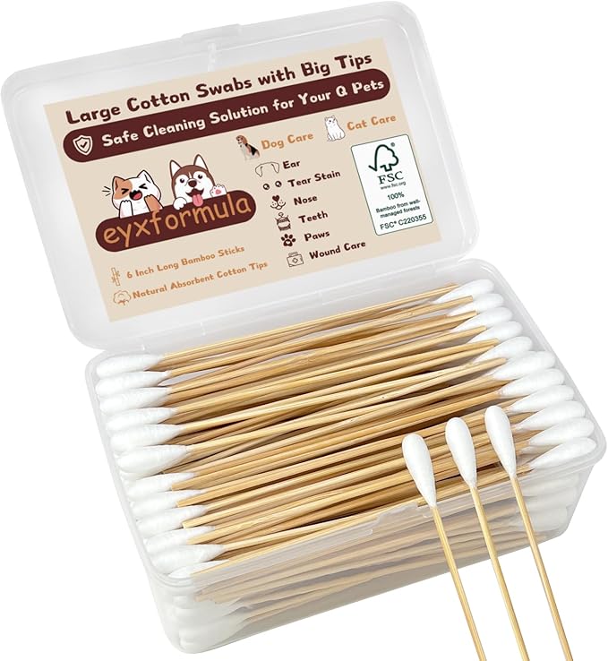eyxformula 6 Inch Long Cotton Swabs for Pet Cleaning, Bamboo Handle, Pet Ear Cleaning Solution Supplies for Dogs and Cats (200 pcs Large Cotton swabs)