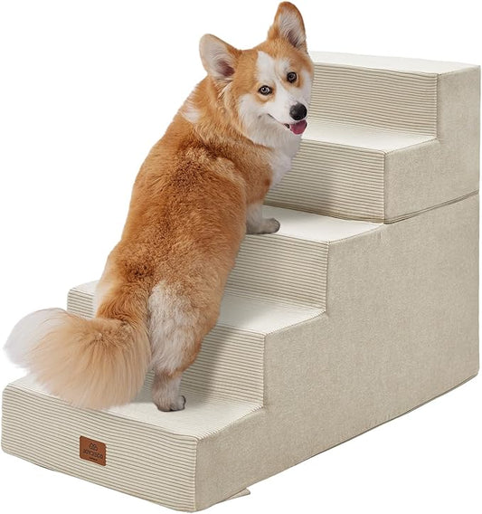 Joydeco Dog Stairs for Bed 25" H, 5-Step Pet Steps for Small Dogs and Cats, Dog Steps for High Bed, Non-Slip Balanced Ramp Indoor Pet Stairs, Beige