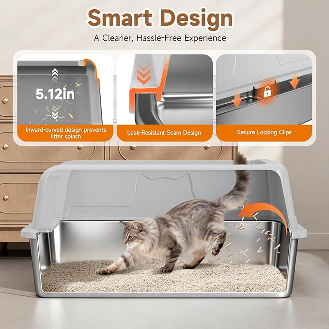 Extra Large Stainless Steel High Sides Cat Litter Box with Scoop, XL 23"X15"X10.3" Metal Odor Resistant Nonstick Easy Clean Kitty Litterbox, Gray
