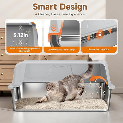 Extra Large Stainless Steel High Sides Cat Litter Box with Scoop, XL 23"X15"X10.3" Metal Odor Resistant Nonstick Easy Clean Kitty Litterbox, Gray