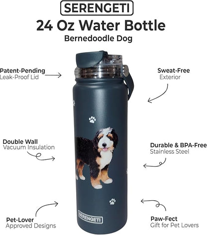 E&S Pets SERENGETI 24 Oz Water Bottle Stainless Steel with Spill Proof Lid - Double walled Vacuum Insulated water flask - Realistic 3D Print of your favorite dog (Bernedoodle)