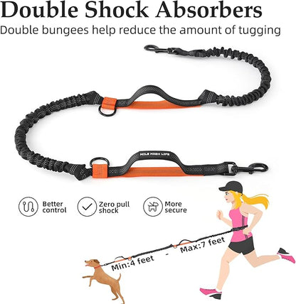 Mile High Life | Retractable Hands Free Dog 7FT Leash | Waist Running Adjustable | Reflective Dual Black Bungees | Dual Handles | Small Medium Large Dogs | (Orange)